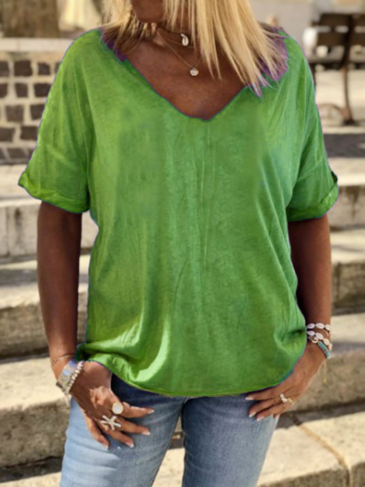V Neck Cotton-Blend Loose T-shirt