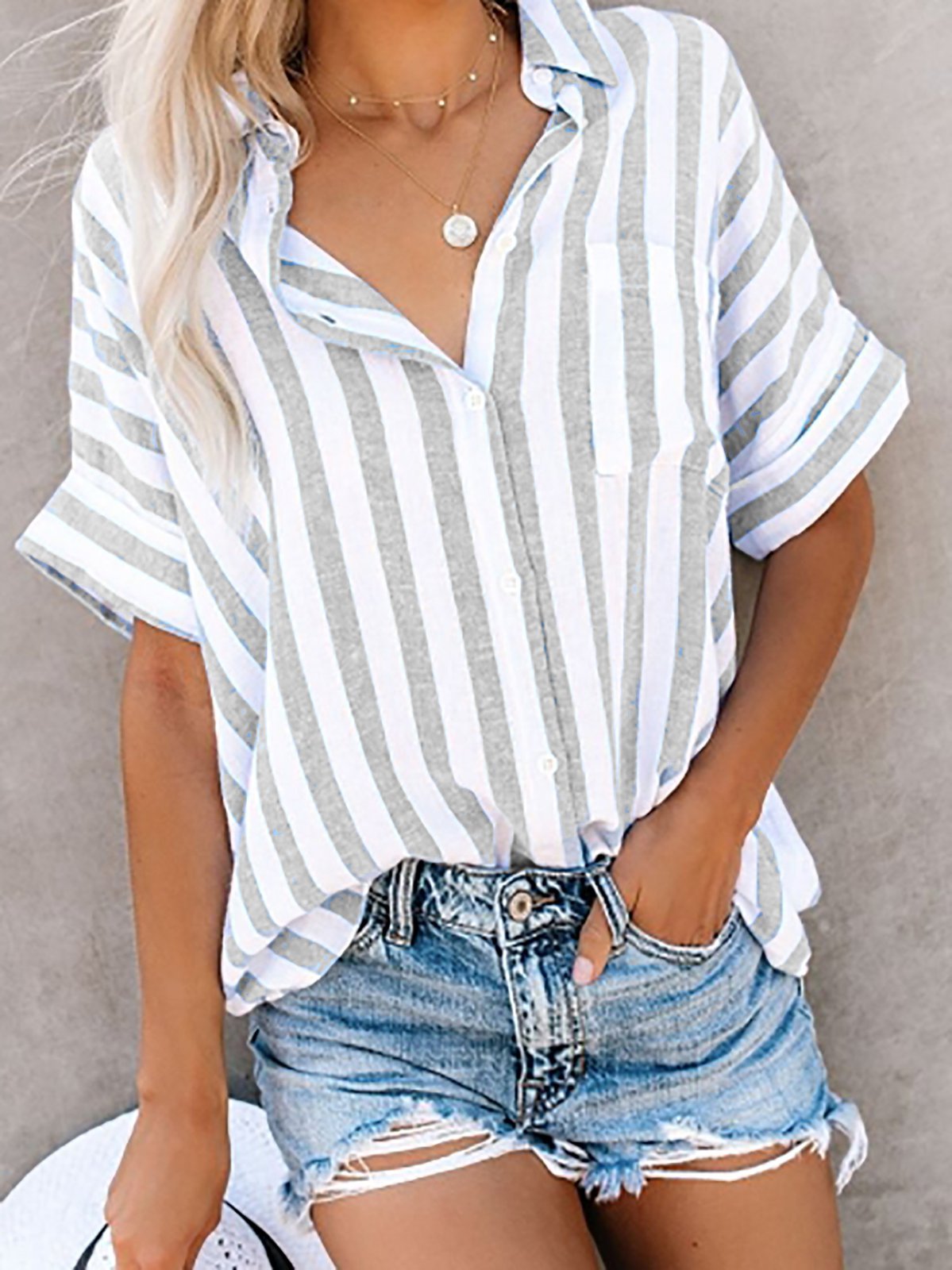 Loose Striped Cotton-Blend Shirt Collar Blouses