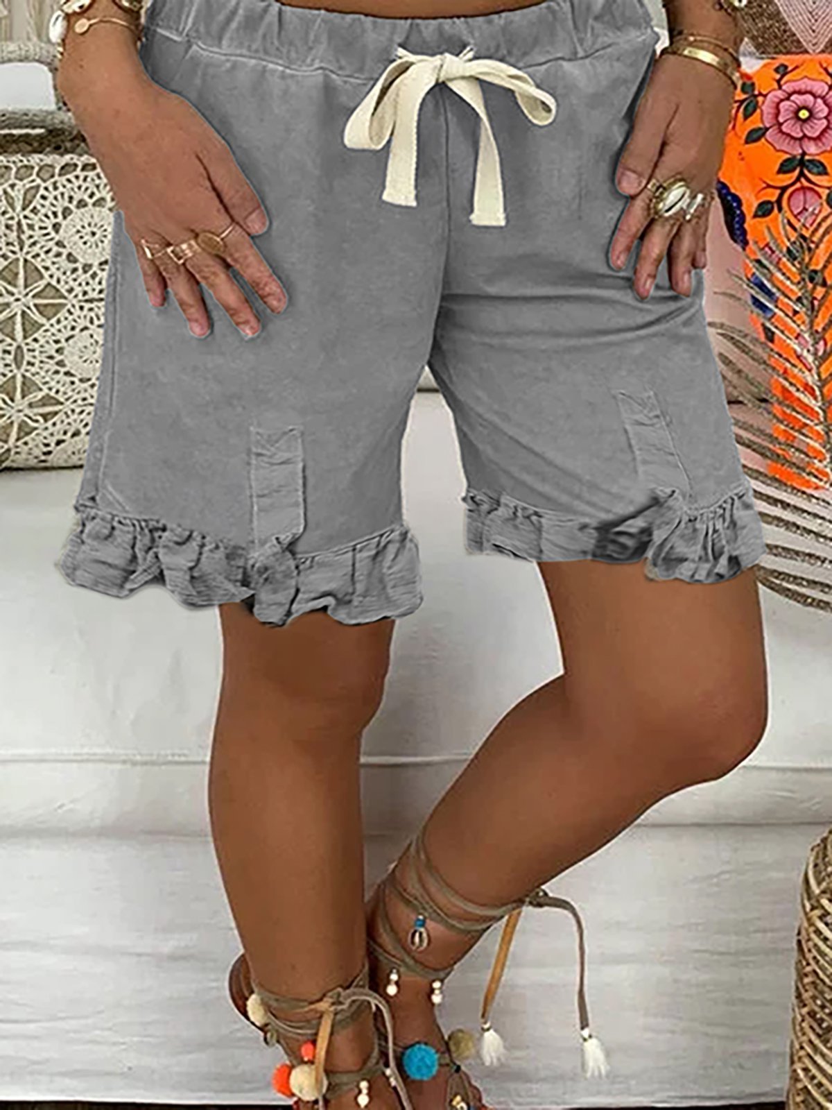 Casual Solid Loose Shorts With Belt
