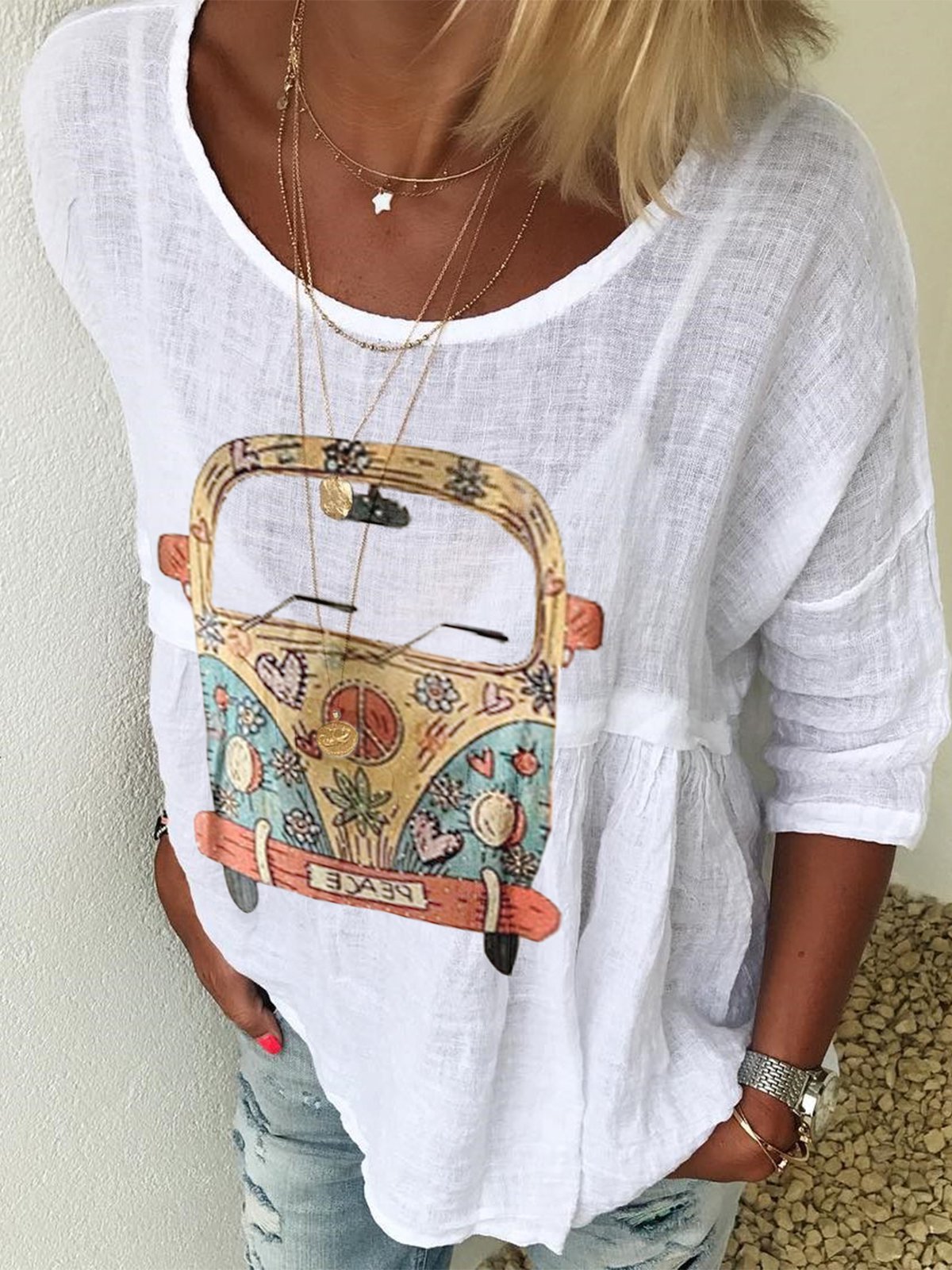 Loose Linen Vacation Crew Neck Blouses