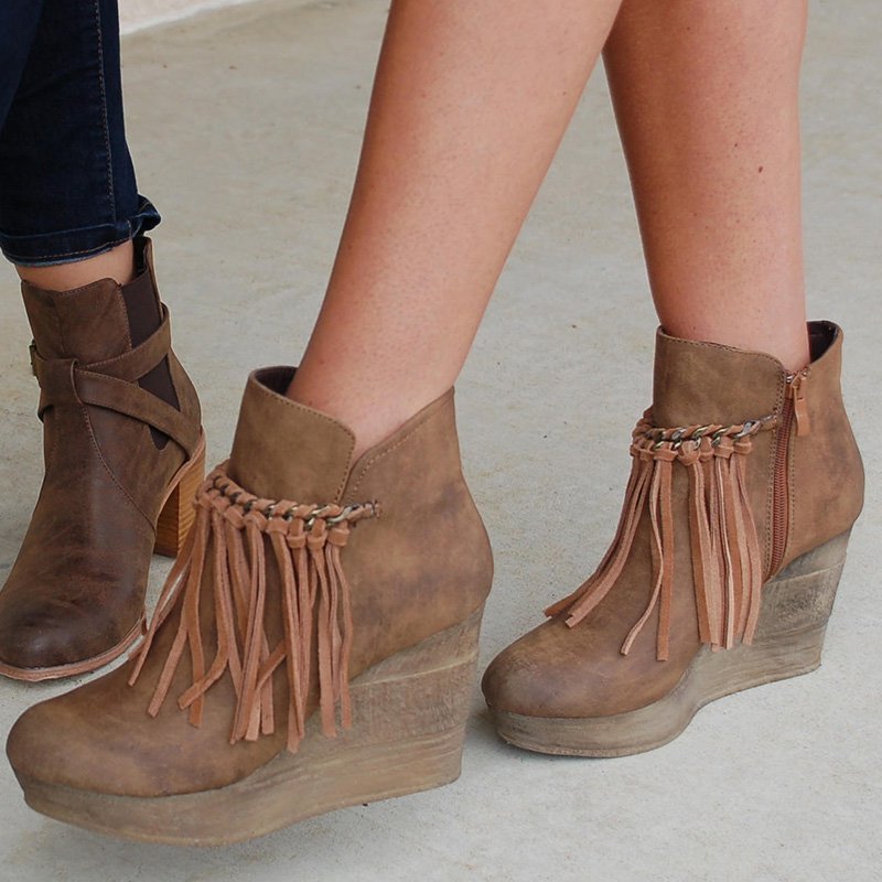Wedge Booties Artificial Leather Tassel Boots Wedge Heel Zipper Shoes
