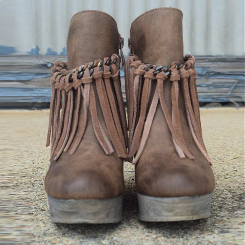 Wedge Booties Artificial Leather Tassel Boots Wedge Heel Zipper Shoes