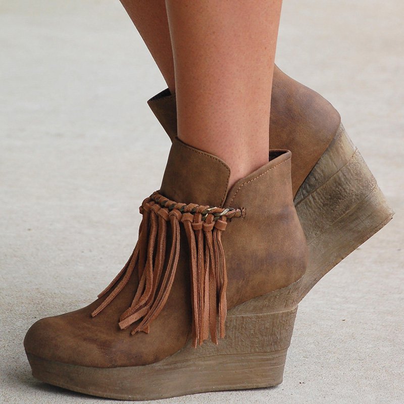 Wedge Booties Artificial Leather Tassel Boots Wedge Heel Zipper Shoes