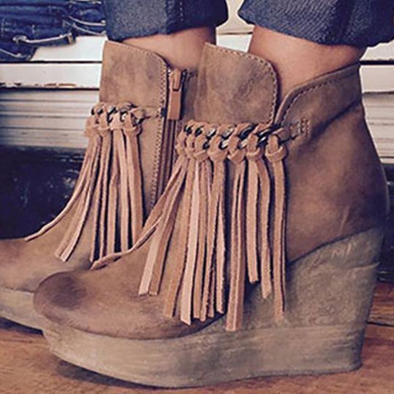 Wedge Booties Artificial Leather Tassel Boots Wedge Heel Zipper Shoes