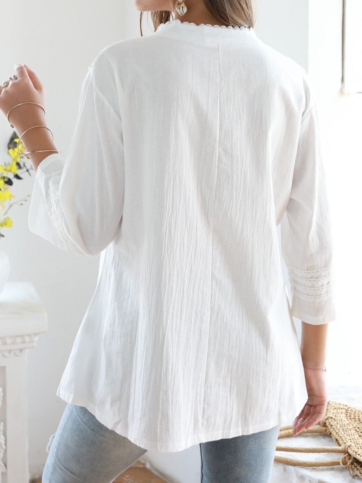 Notched Casual Solid Blouses