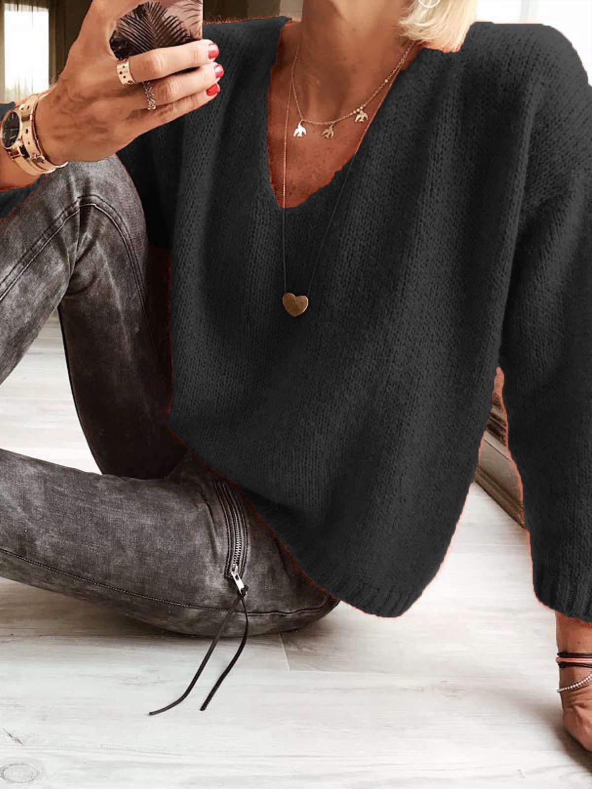 Casual Plain V Neck Wool-Blend Sweaters
