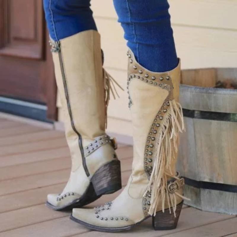 Women Vintage Tassel Western Boots with Zipper