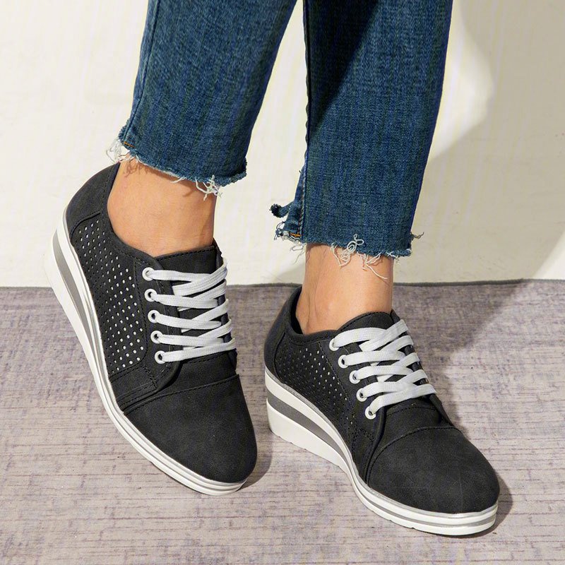 Blue Faux Leather Hollow-Out Wedge Heel Sneakers