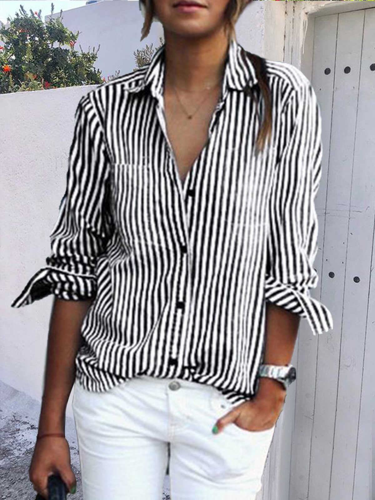 Striped Casual Loose Cotton Blouses