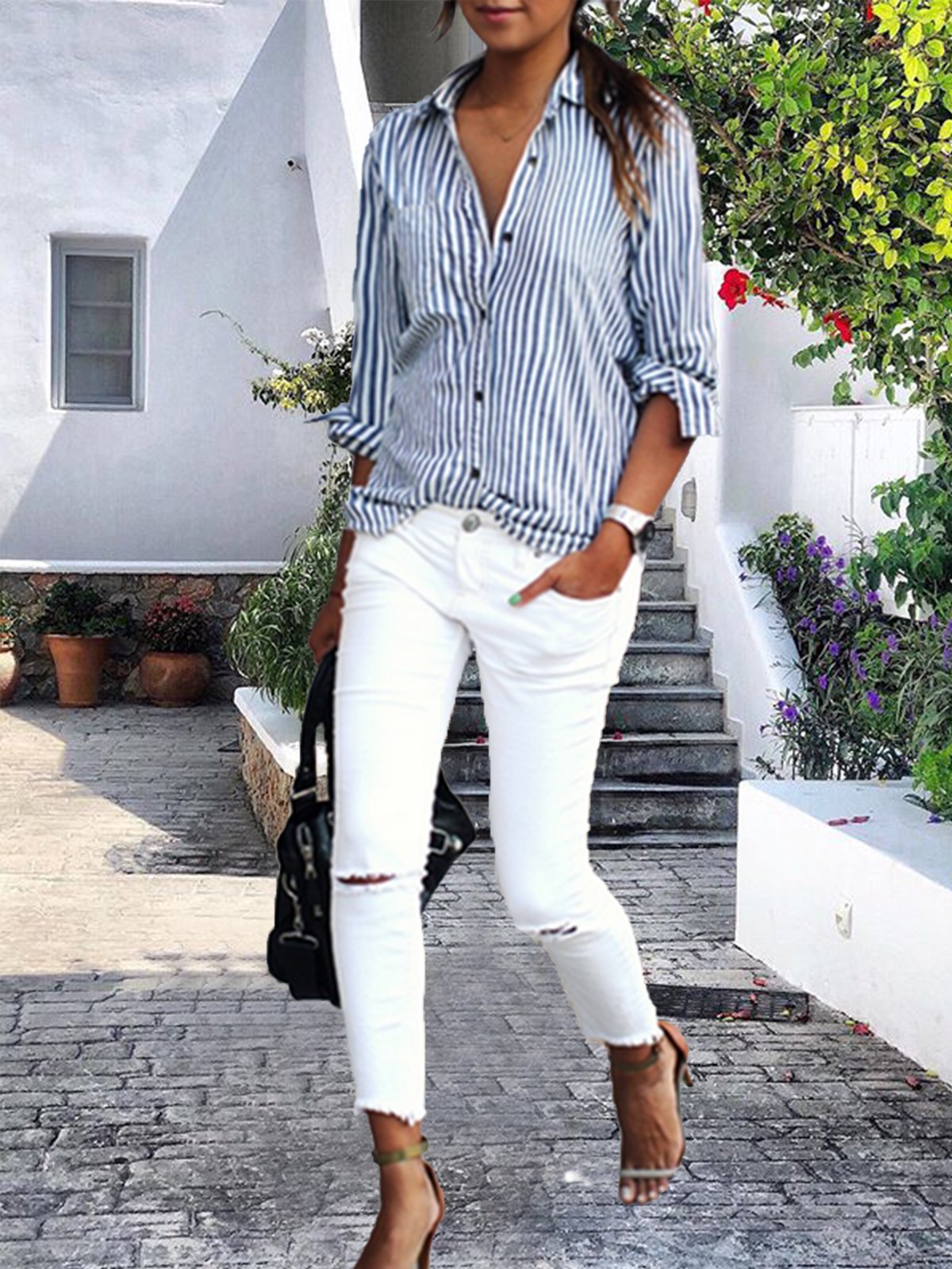 Striped Casual Loose Cotton Blouses
