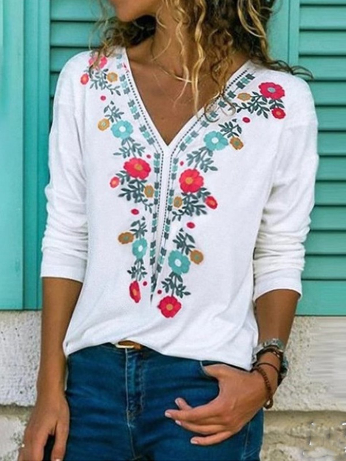 V Neck Casual Abstract Causal Top