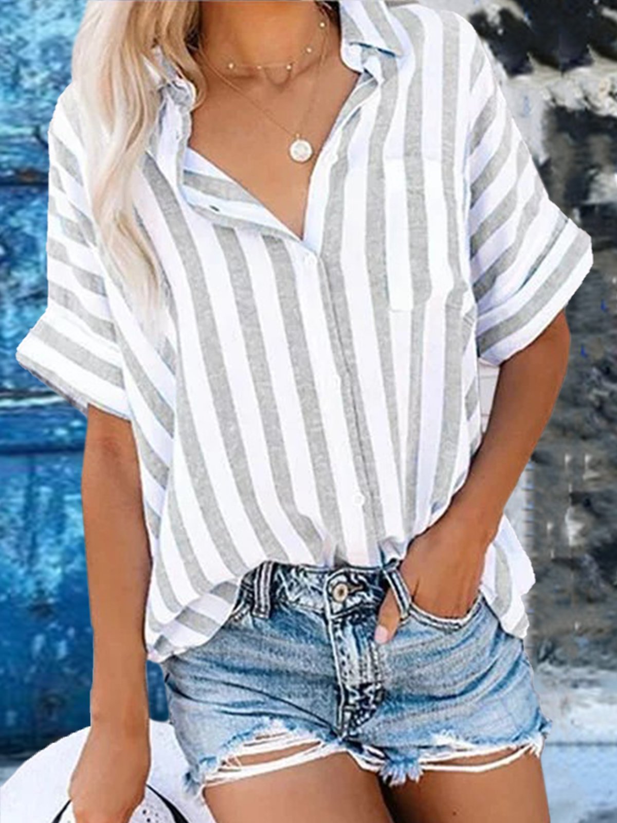 Loose Striped Cotton-Blend Shirt Collar Blouses
