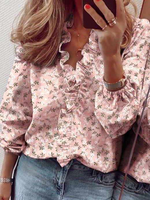 Polyester Fibre V Neck Floral Loose Blouses