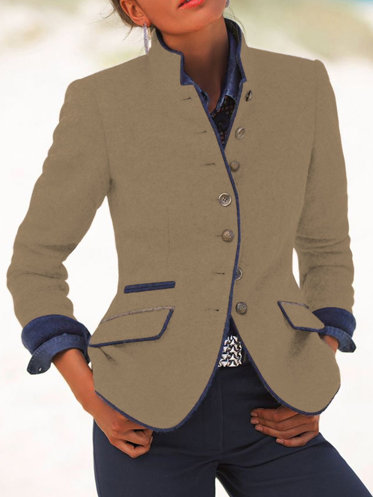 Solid Stand Collar Vintage Cotton-Blend Coats