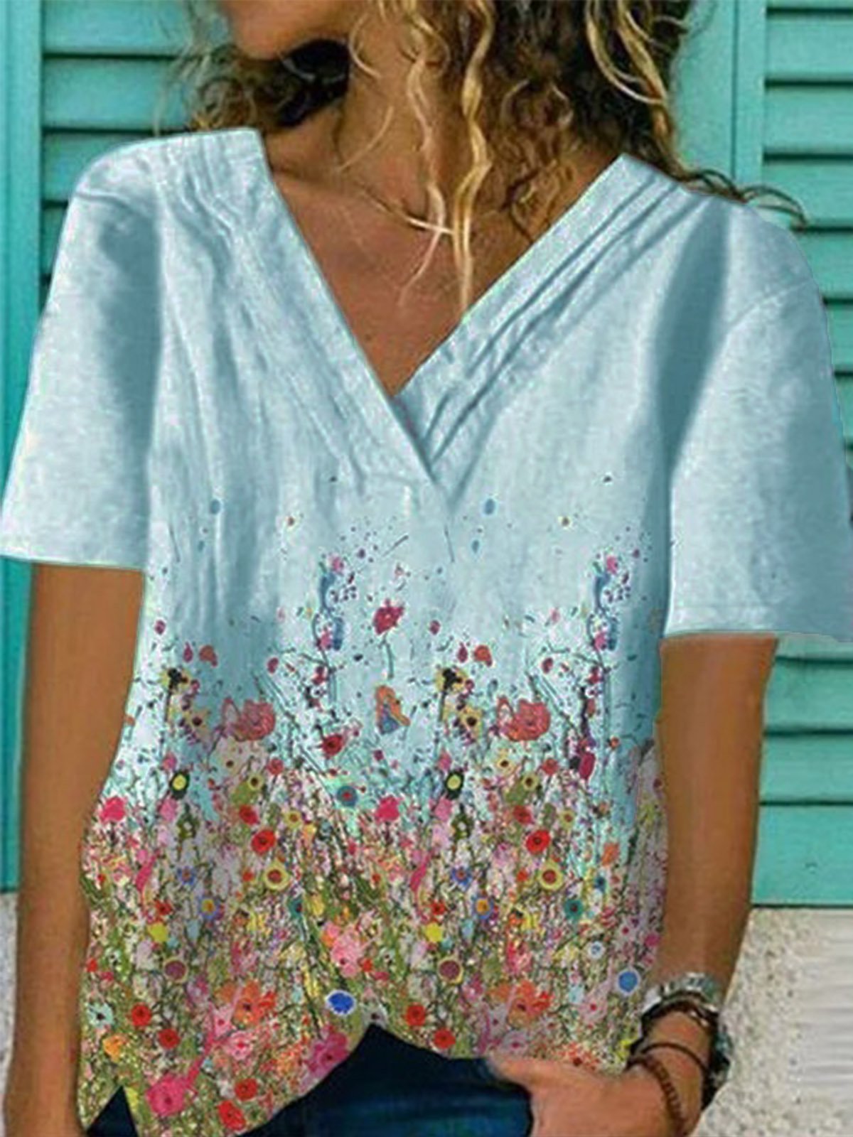 Floral Casual Cotton-Blend V Neck T-shirt