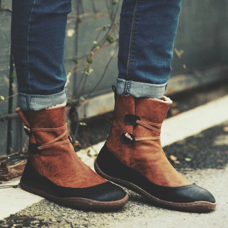 Winter Leather Flat Heel Boots