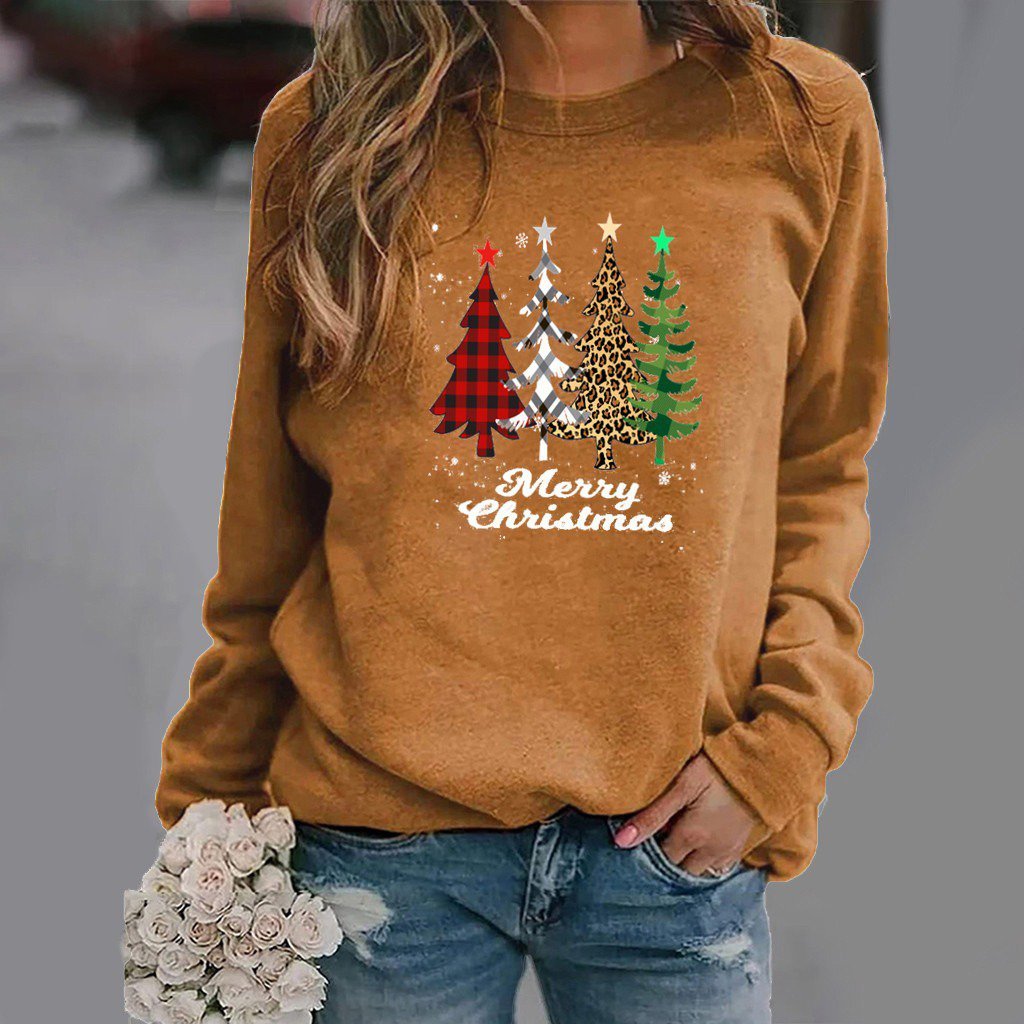 Crew Neck Vintage Christmas Long Sleeve Cotton-Blend Shirt & Top