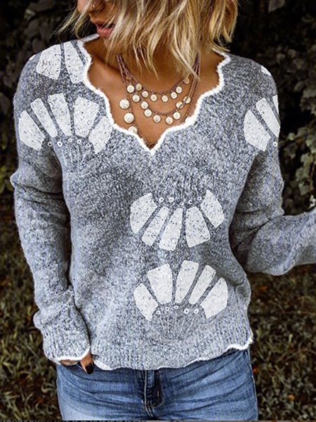V Neck Loose Printed Casual Jumper With Necklace