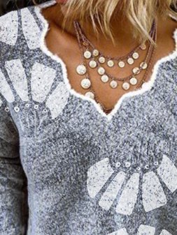 V Neck Loose Printed Casual Jumper With Necklace