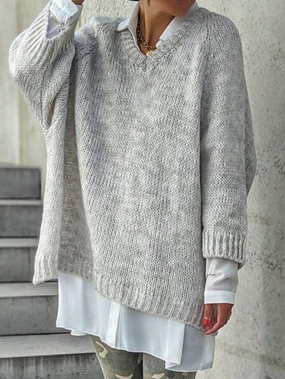 Women Casual Winter Solid Crew Neck Daily Long sleeve Loose Cotton-Blend Regular Jumper
