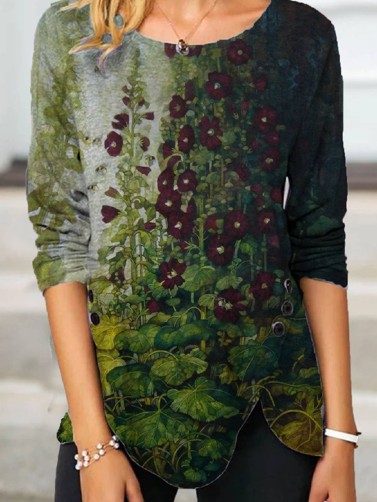 Leaf Casual Crew Neck Blouses