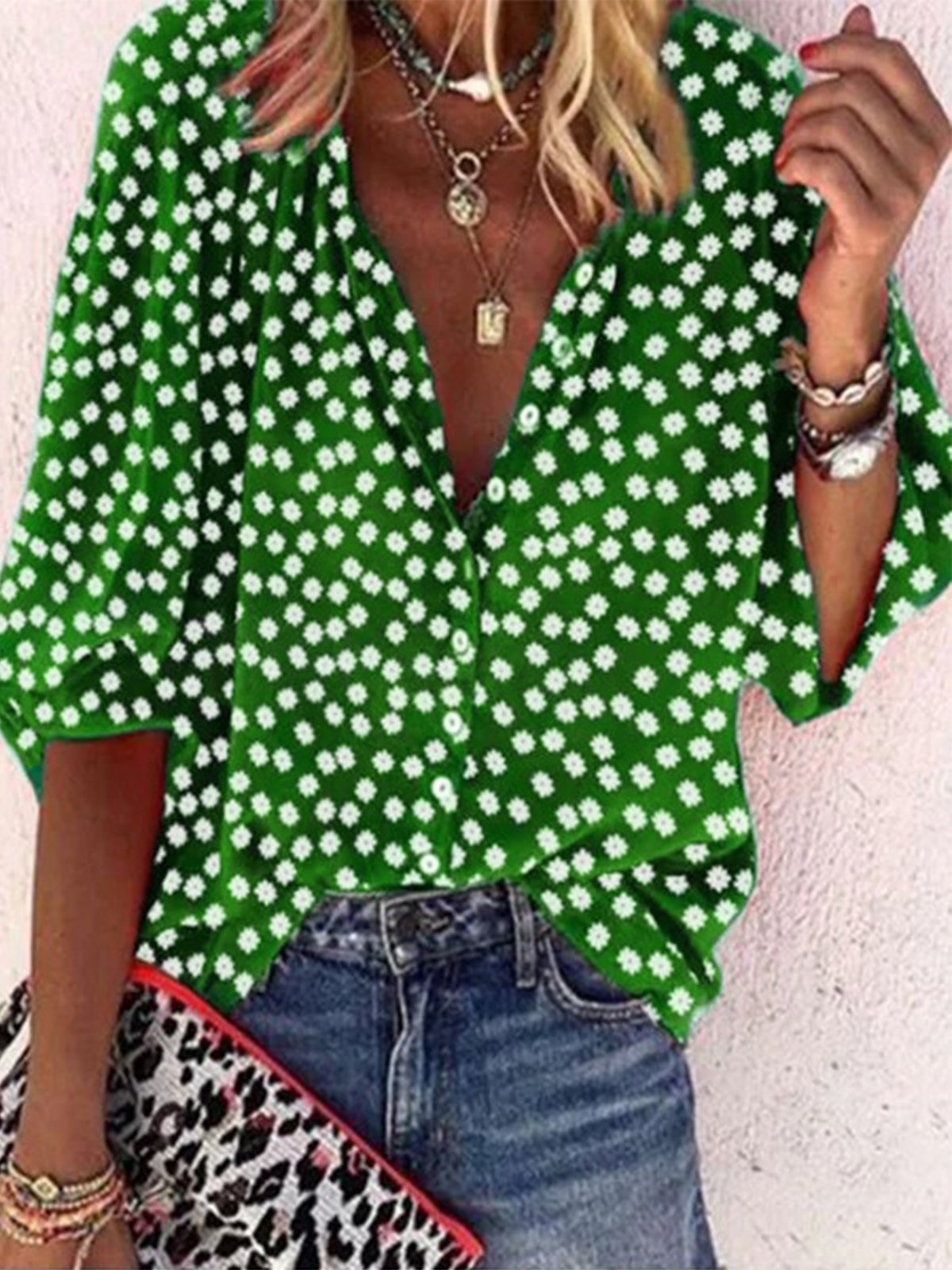 Loose Floral Half Sleeve V Neck Casual Blouses