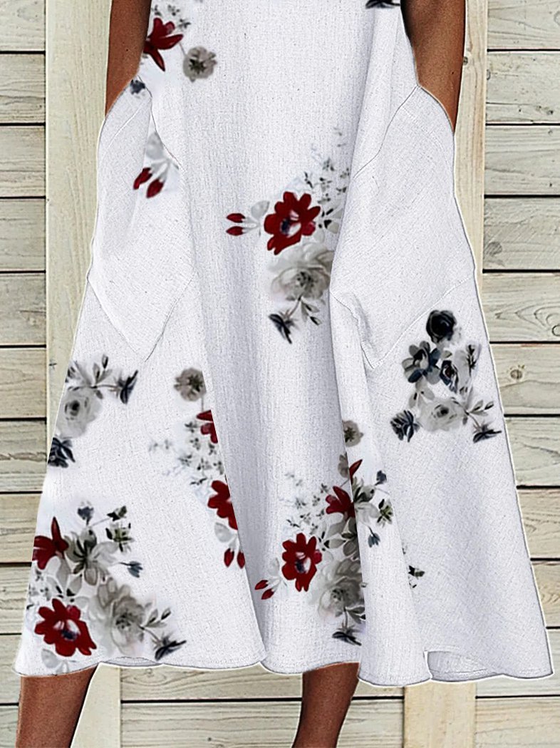 Floral Casual Cotton-Blend Loose Midi