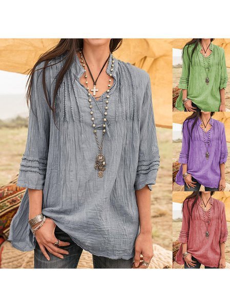 Notched Casual Solid Blouses