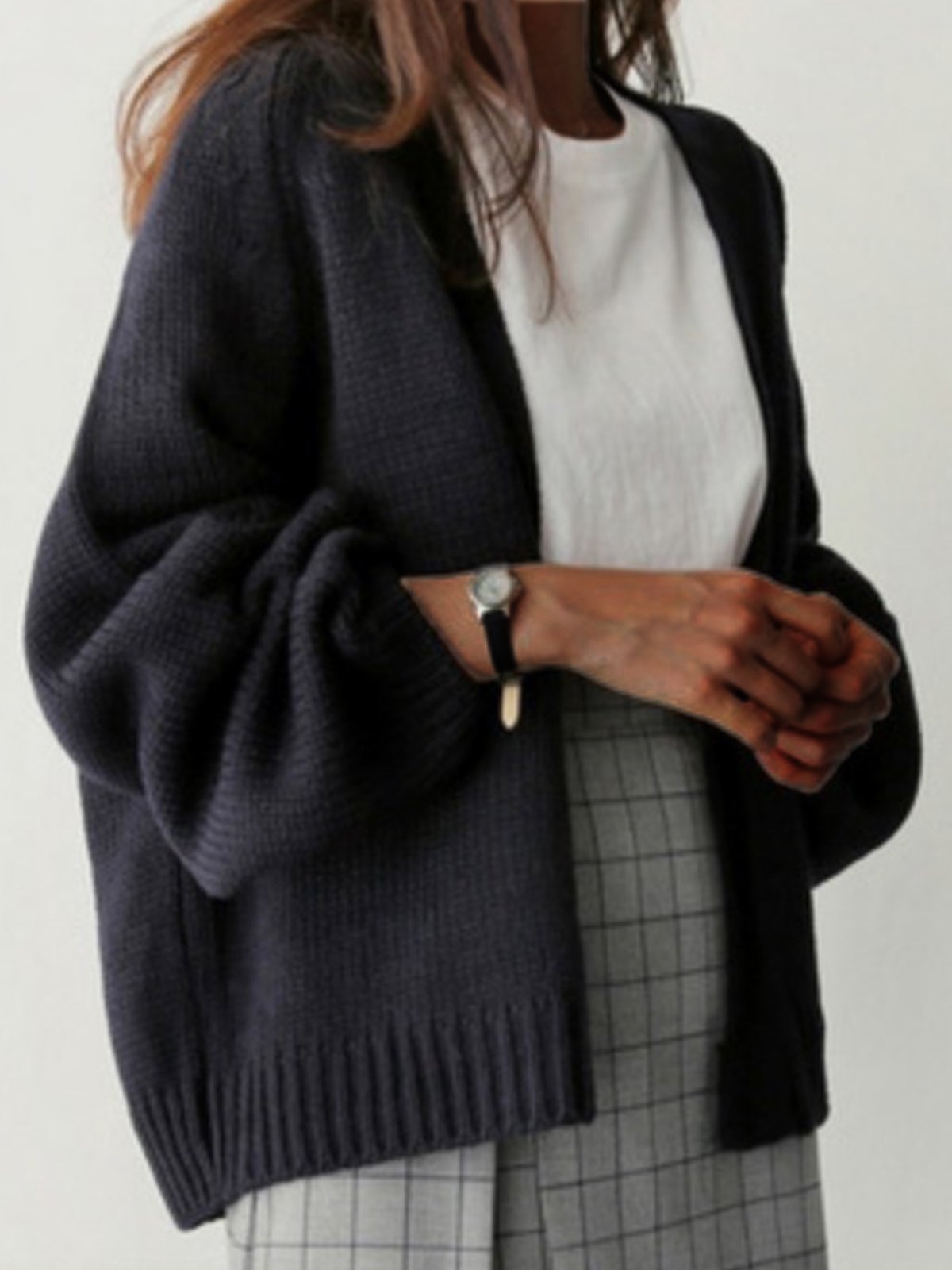 Loose Plain Acrylic Casual Cardigans