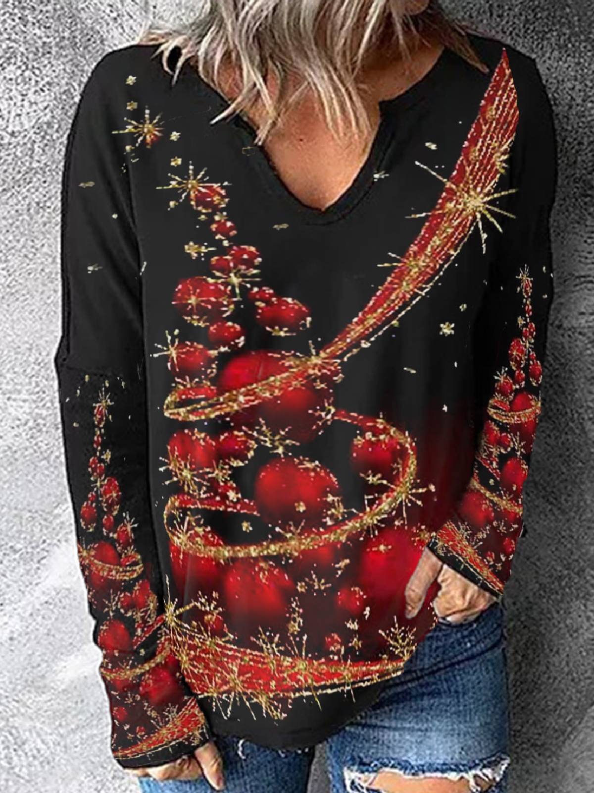 Casual V Neck Christmas T-shirt