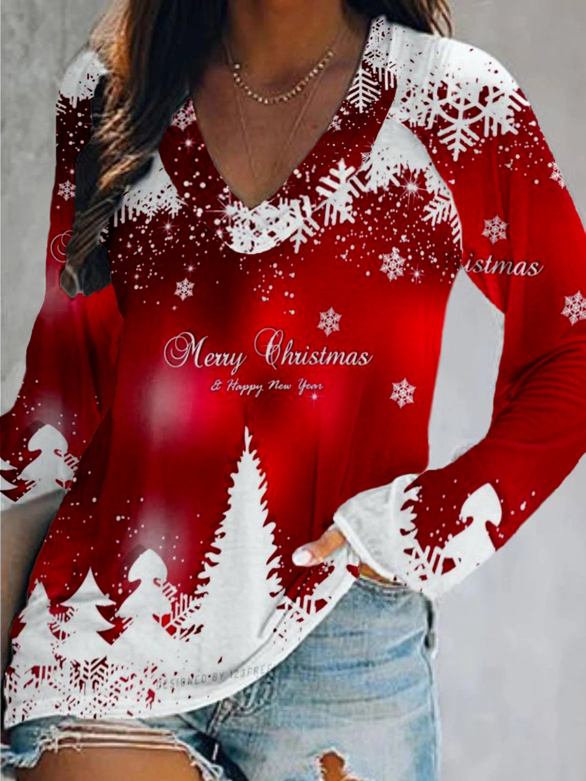 Christmas Xmas Long Sleeve V Neck Printed Tops T-shirts