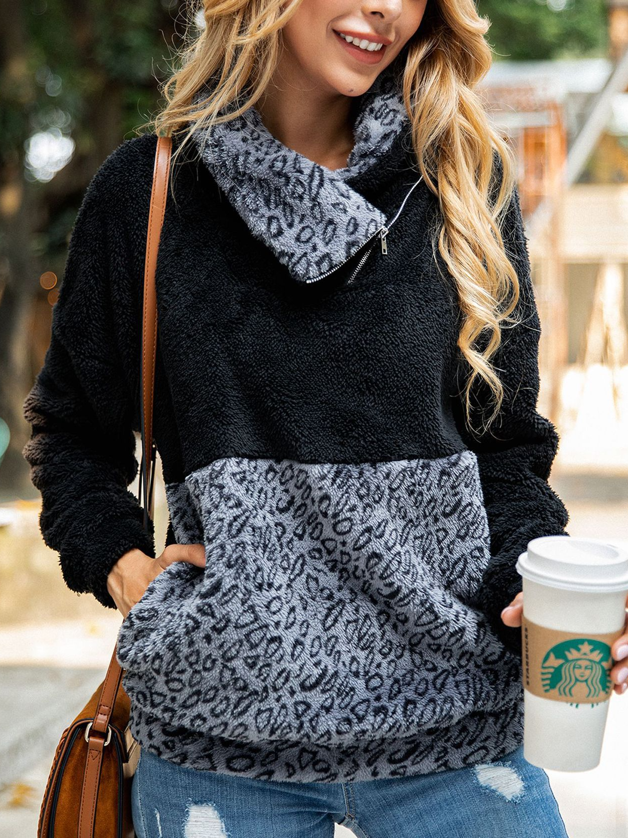 Asymmetrical Neck Furry Long Sleeves Top