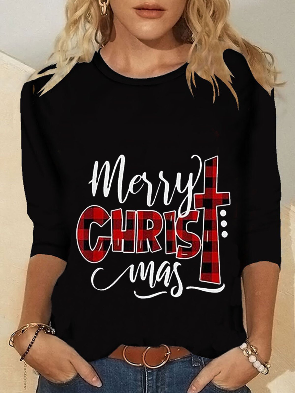 Christmas Xmas Long Sleeve Round Neck Printed Tops T-shirts