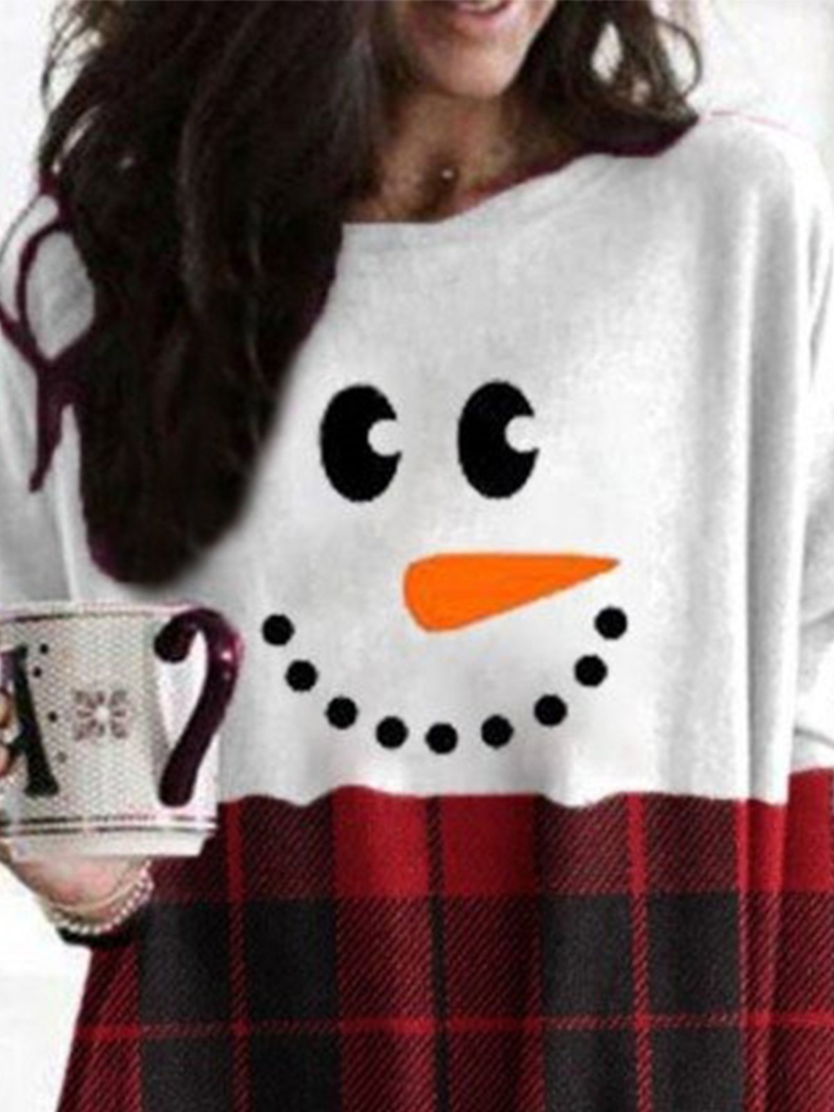 Christmas Plaid Snowman Printed Long Sleeve Crew Neck Casual Top