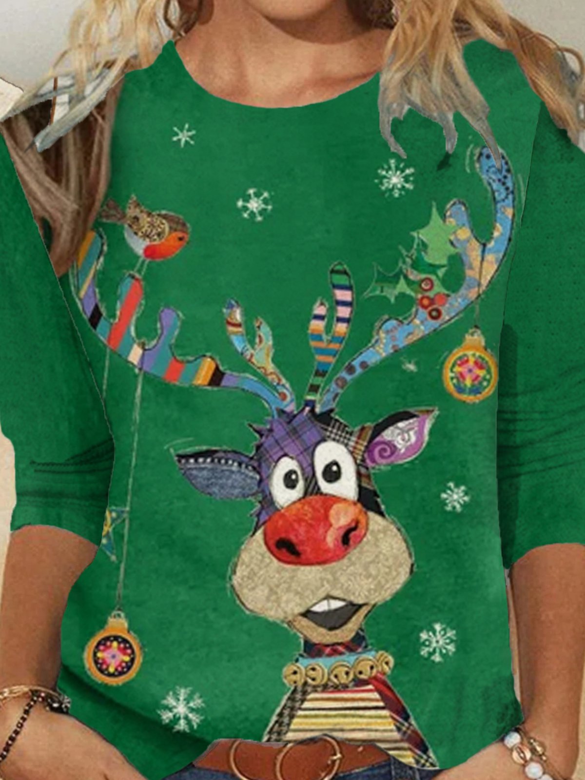 Christmas Xmas Long Sleeve Round Neck Printed Tops T-shirts