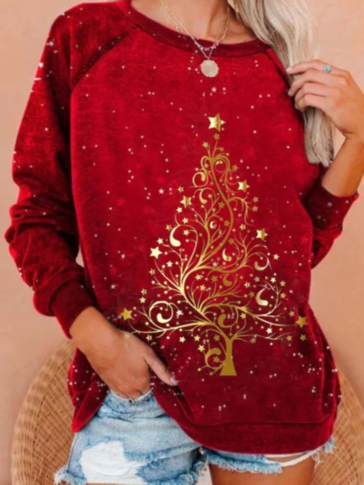 Christmas Xmas Tree Long Sleeve Round Neck Printed Tops Sweatshirtsss