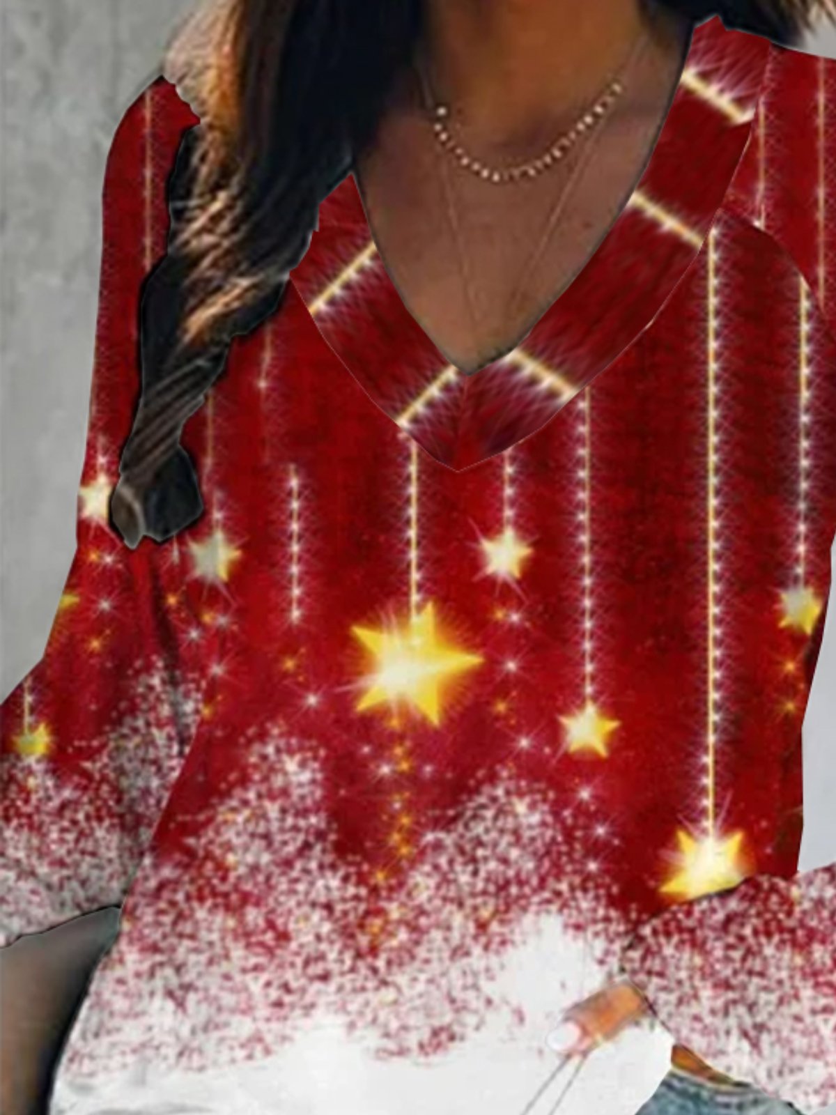 Christmas Xmas Star Long Sleeve V Neck Printed Tops T-shirts