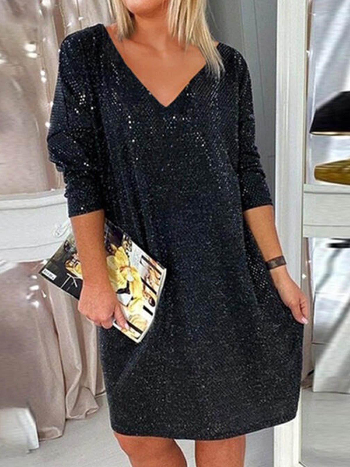 Plain Party Spring Glitter Micro-Elasticity Party Knee Long sleeve Loose Dress for Women