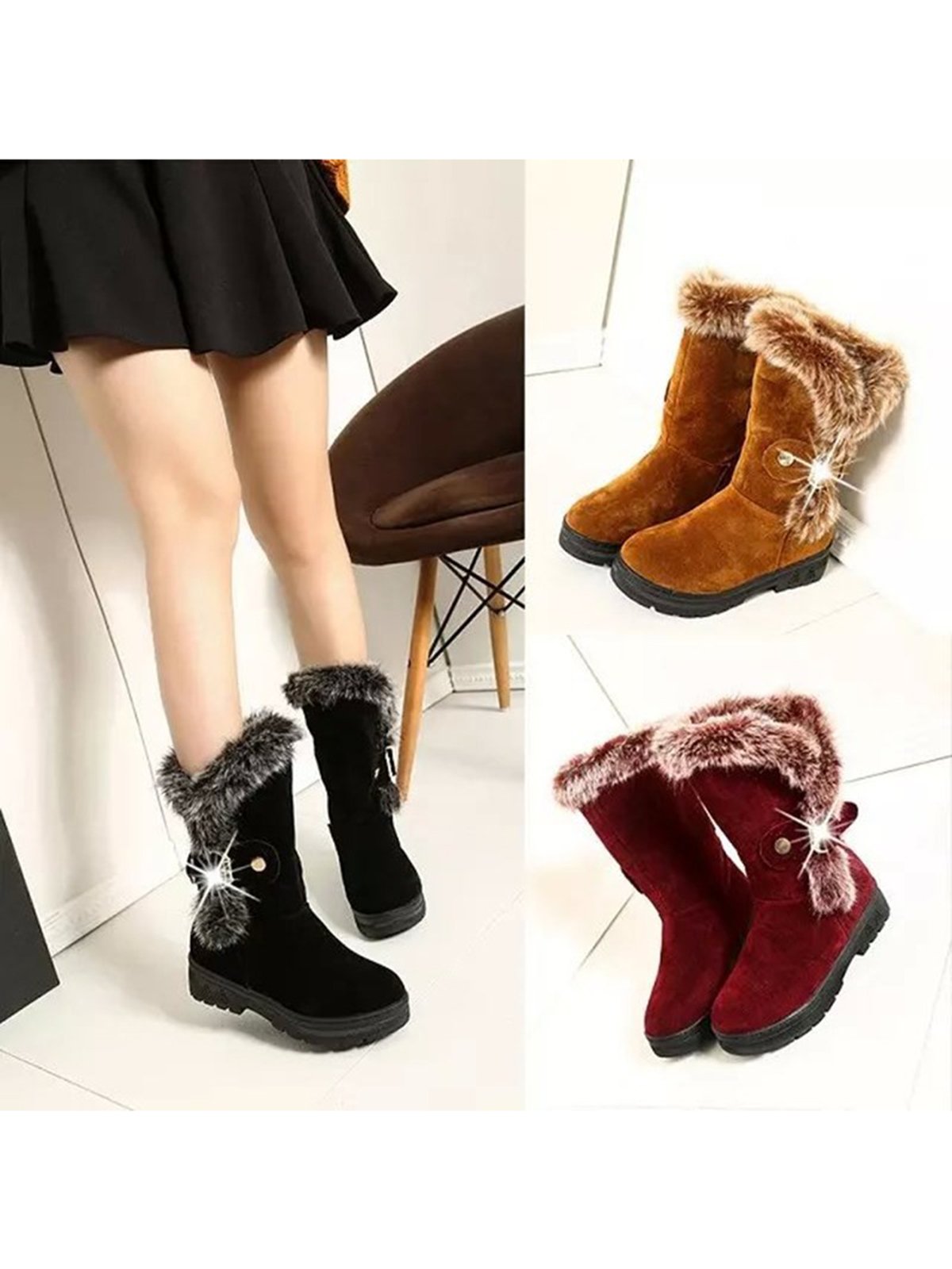 Simple Metal Wool Stitching And Velvet Warm Snow Snow Boots