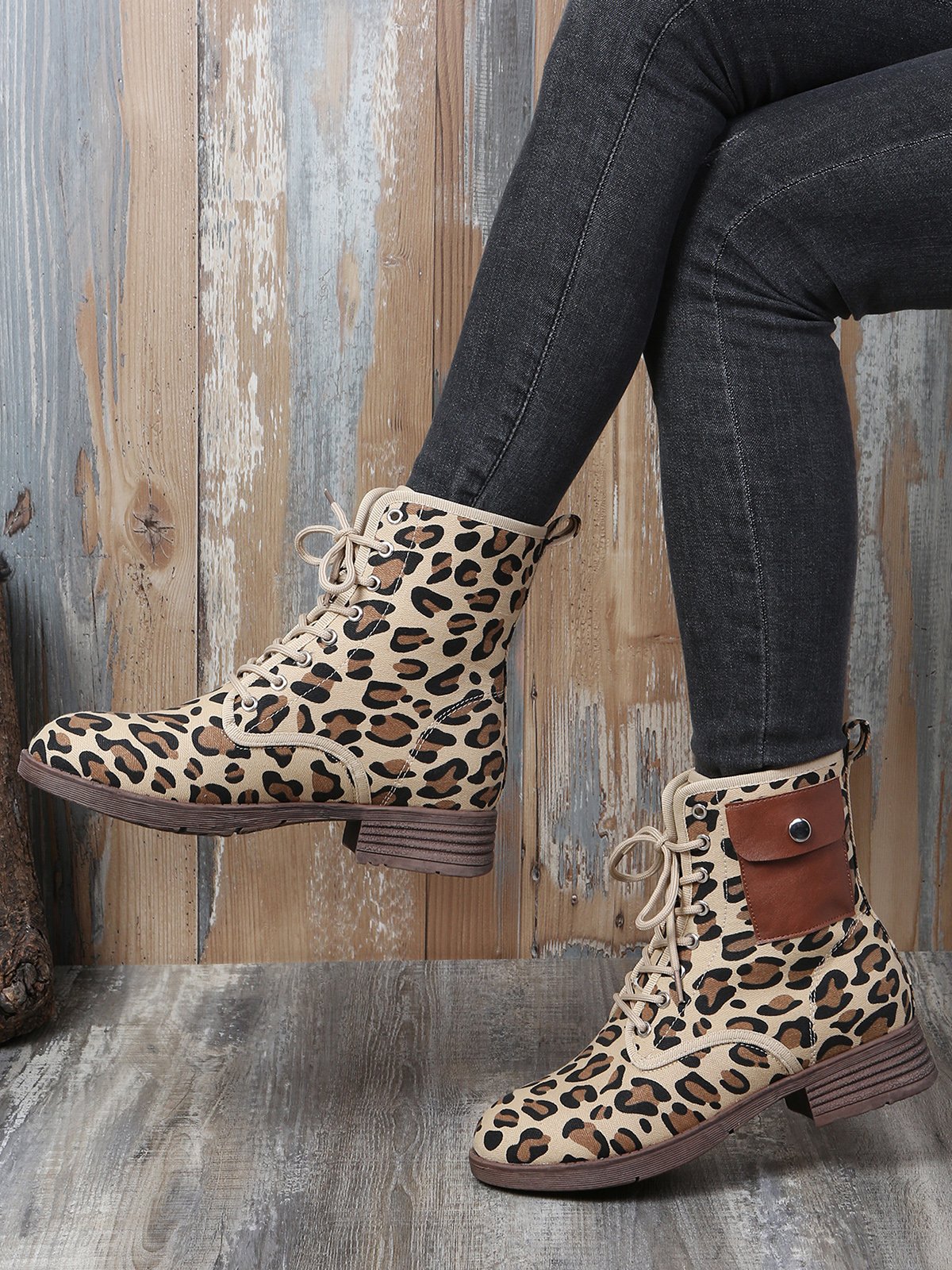 Casual Leopard Print Pocket Martin Combat Combat Boots