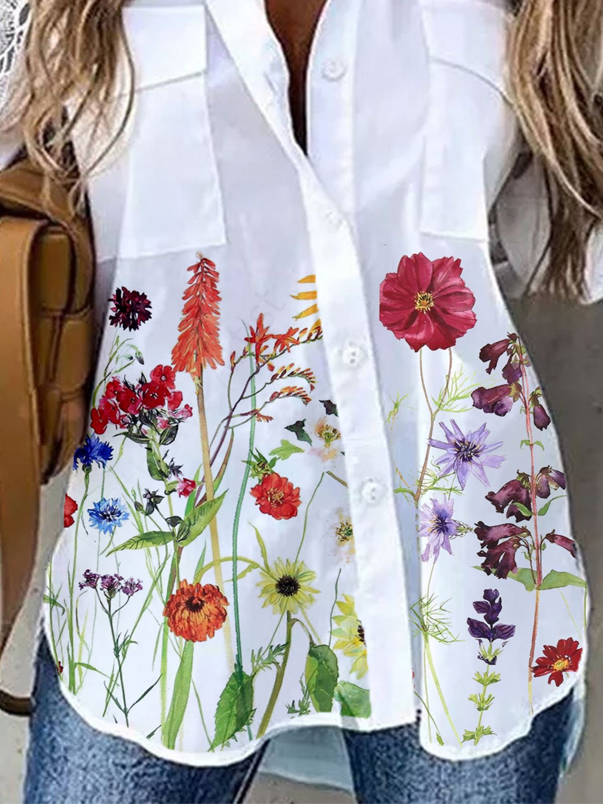 Loose Floral Shirt Collar Polyester Fibre Blouses