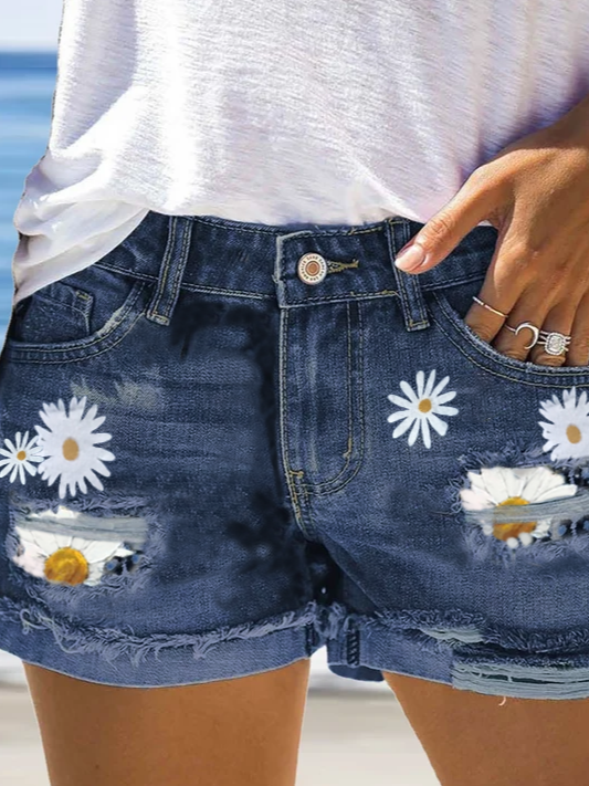 Floral Denim Casual Denim Shorts