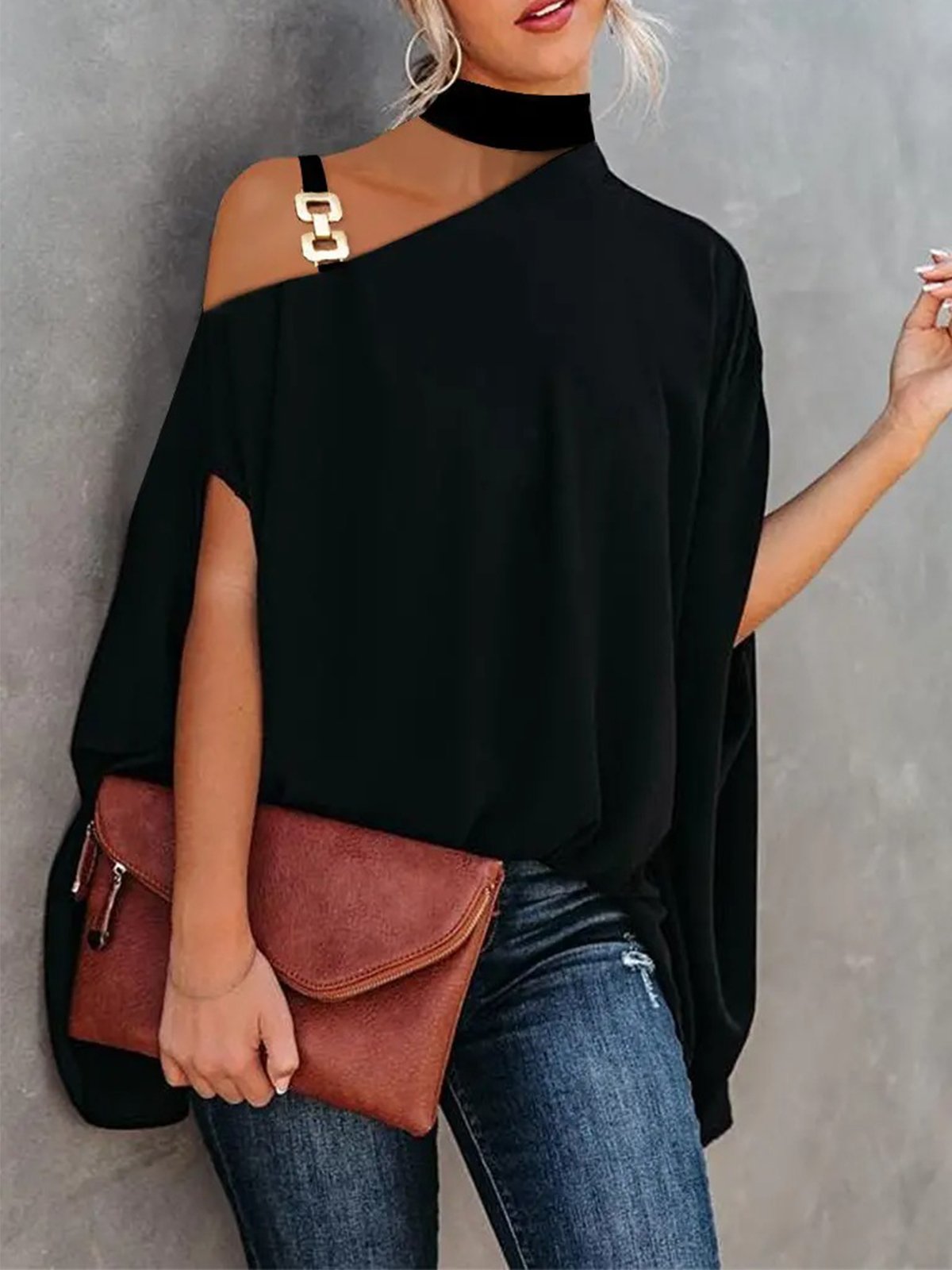 Sexy Plain Halter Jersey Batwing Sleeve Blouses