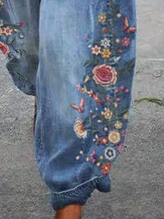 Denim Floral Casual Denim&jeans
