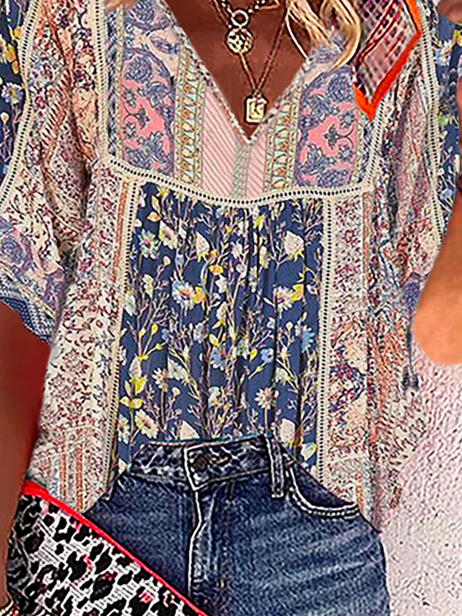 Printed Polyester Fibre Boho V Neck T-shirt