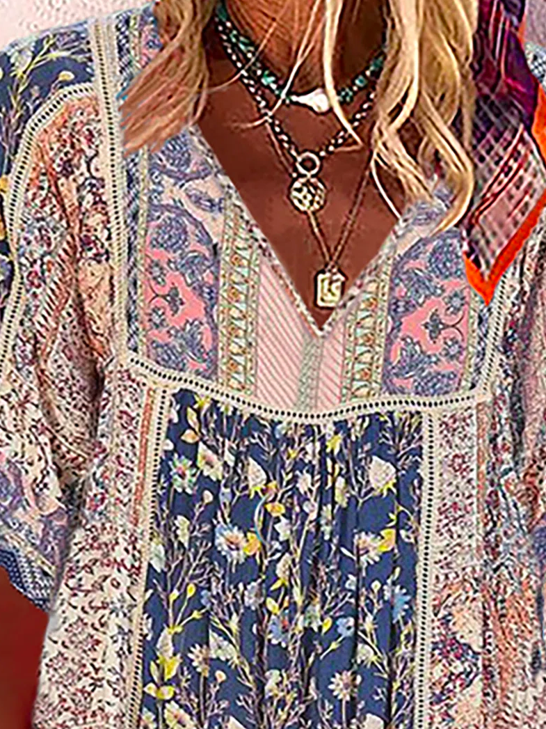Printed Polyester Fibre Boho V Neck T-shirt