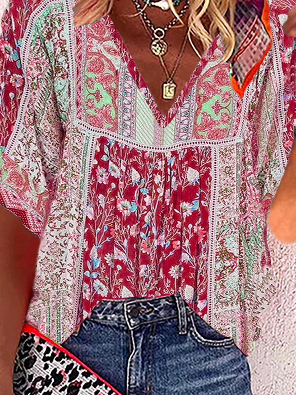 Half Sleeve Floral Polyester Fibre Loose V Neck Blouses