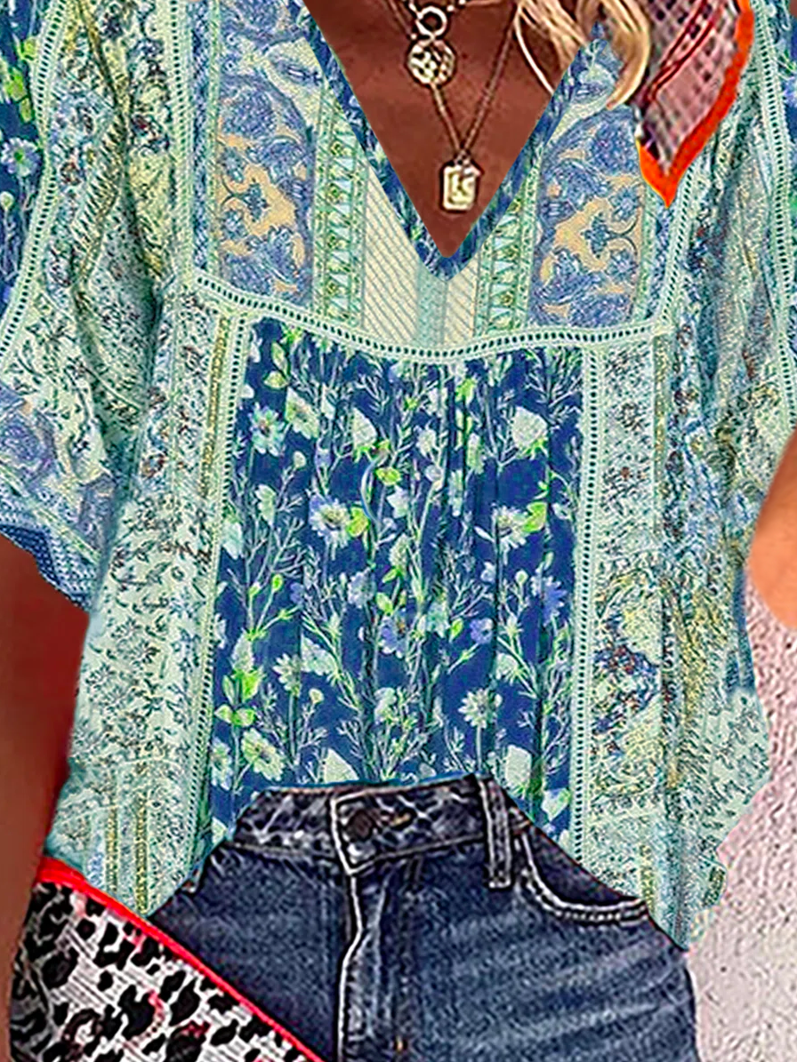 V Neck Vintage Half Sleeve Polyester Fibre Blouses