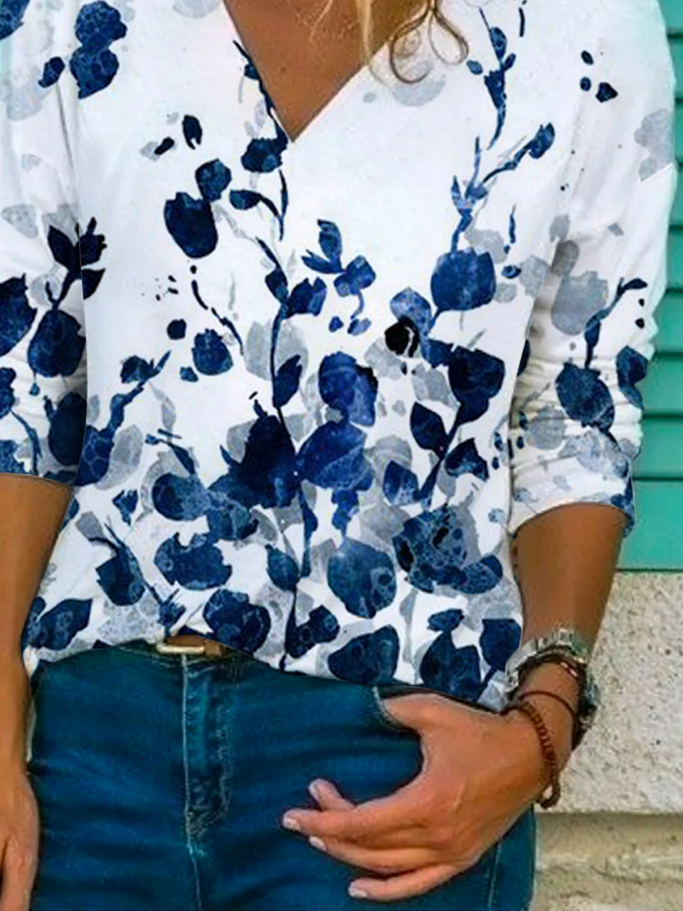 Casual V Neck Cotton-Blend Floral Sweatshirt &pullover