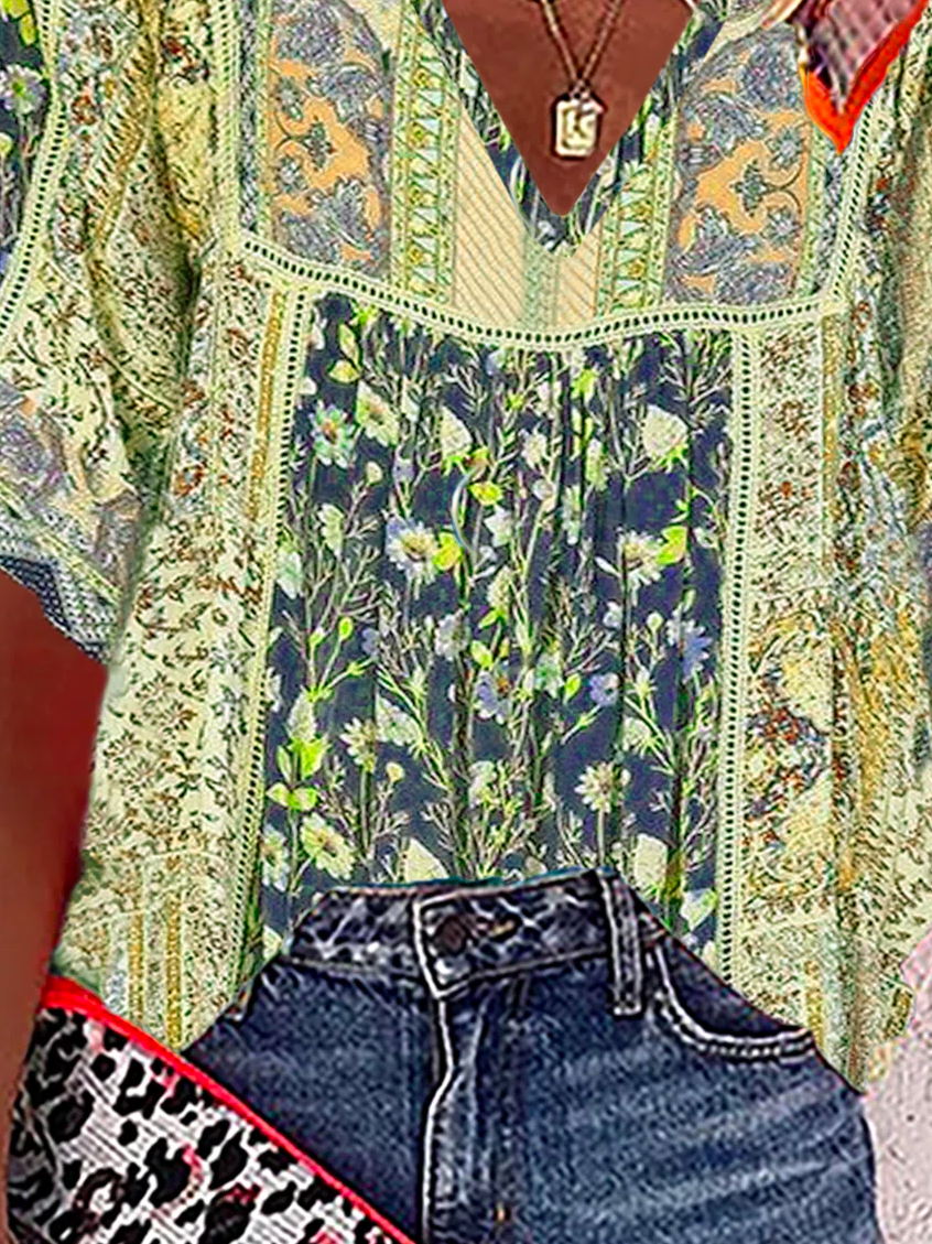 V Neck Floral Loose Cotton-Blend Sweet Blouses